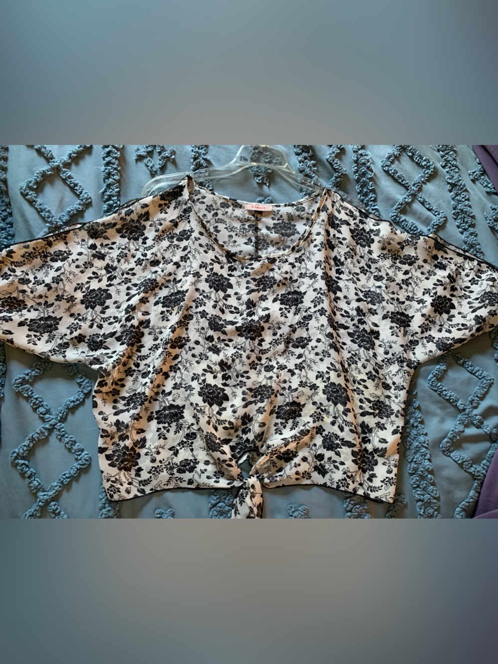 Tie-Front Floral Blouse in White and Black